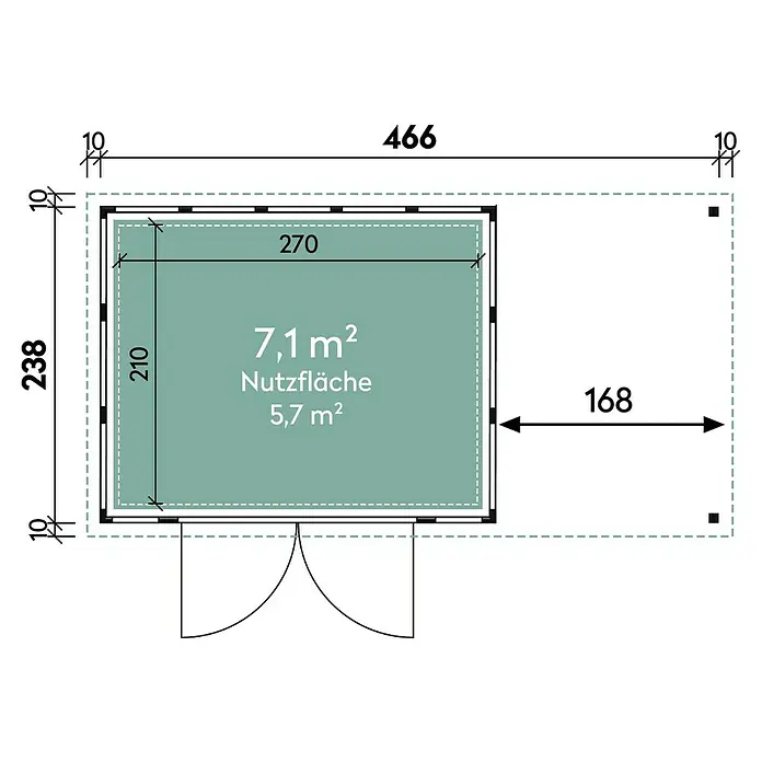 Wolff Finnhaus Gerätehaus Eleganto 3024 - Außenbreite inkl. Dachüberstand: 486 cm, Außentiefe inkl. Dachüberstand: 259 cm, Metall, Granit, Mit rechtsseitigem Seitendach - Skizze