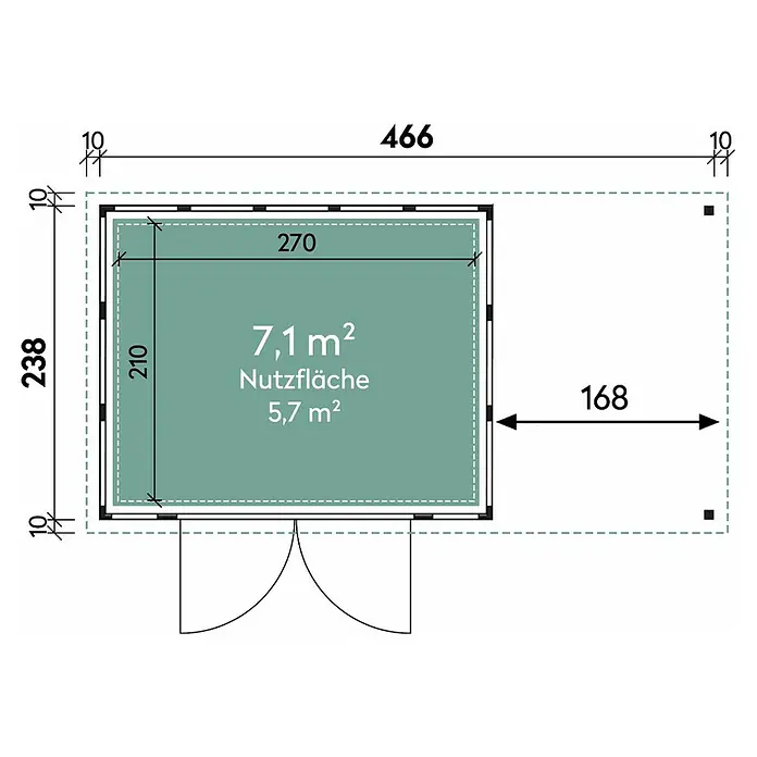 Wolff Finnhaus Gerätehaus Eleganto 3024 - Außenbreite inkl. Dachüberstand: 486 cm, Außentiefe inkl. Dachüberstand: 259 cm, Metall, Lichtgrau, Mit rechtsseitigem Seitendach - Skizze