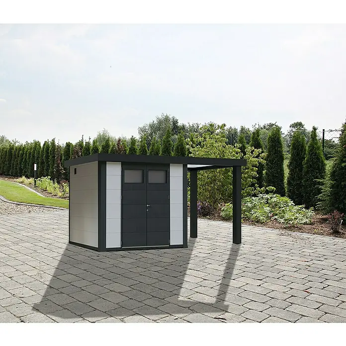 Wolff Finnhaus Gerätehaus Eleganto 2724 - 456 cm, 259 cm, Metall, Weiß, Mit rechtsseitigem Seitendach - Stimmungsaufnahme
