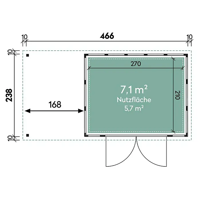 Wolff Finnhaus Gerätehaus Eleganto 3024 - Außenbreite inkl. Dachüberstand: 486 cm, Außentiefe inkl. Dachüberstand: 259 cm, Metall, Granit, Mit linksseitigem Seitendach - Skizze