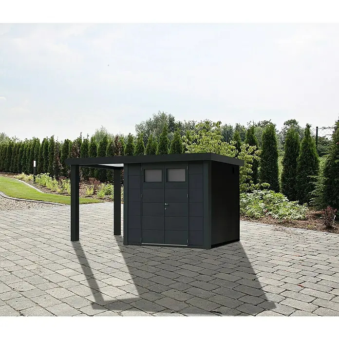 Wolff Finnhaus Gerätehaus Eleganto 3024 - Außenbreite inkl. Dachüberstand: 486 cm, Außentiefe inkl. Dachüberstand: 259 cm, Metall, Granit, Mit linksseitigem Seitendach - Stimmungsaufnahme