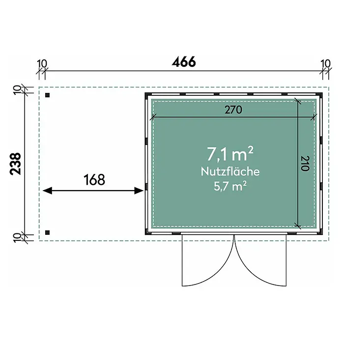 Wolff Finnhaus Gerätehaus Eleganto 3024 - Außenbreite inkl. Dachüberstand: 486 cm, Außentiefe inkl. Dachüberstand: 259 cm, Metall, Weiß, Mit linksseitigem Seitendach - Skizze