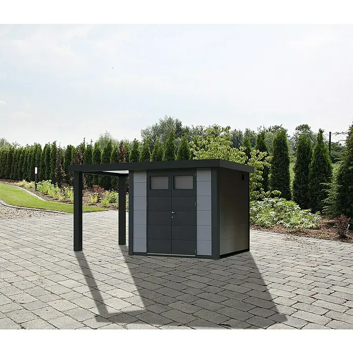 Wolff Finnhaus Gerätehaus Eleganto 2724 - 456 cm, 259 cm, Metall, Lichtgrau, Mit linksseitigem Seitendach - Stimmungsaufnahme