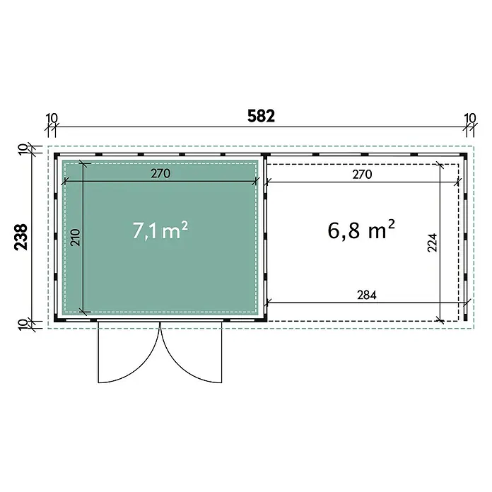 Wolff Finnhaus Gerätehaus Eleganto 3024 - Außenbreite inkl. Dachüberstand: 602 cm, Außentiefe inkl. Dachüberstand: 258 cm, Metall, Lichtgrau, Mit rechtsseitigem Anbau - Skizze