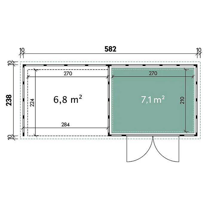 Wolff Finnhaus Gerätehaus Eleganto 3024 - Außenbreite inkl. Dachüberstand: 602 cm, Außentiefe inkl. Dachüberstand: 258 cm, Metall, Lichtgrau, Mit linksseitigem Anbau - Skizze