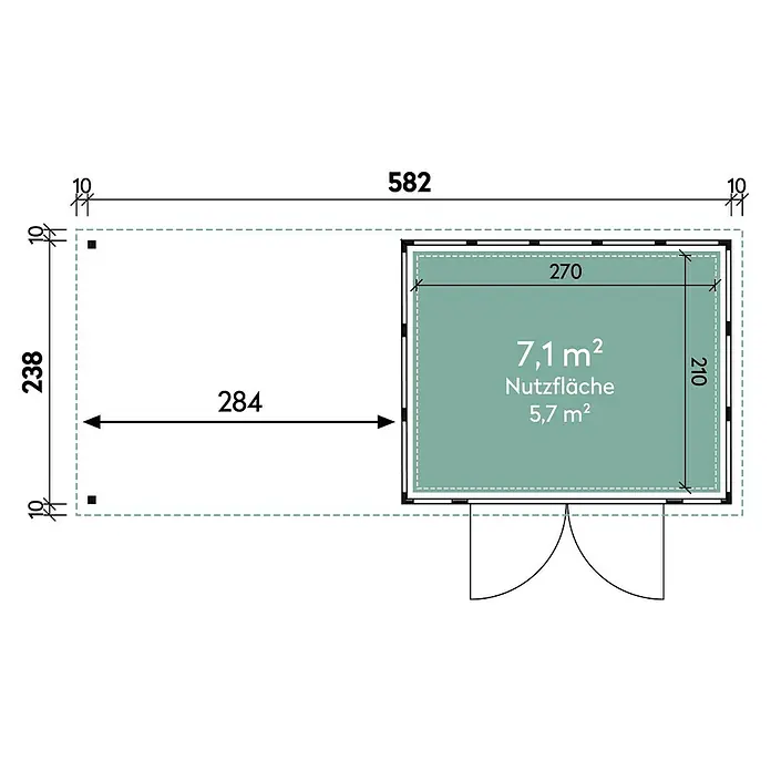 Wolff Finnhaus Gerätehaus Eleganto 3024 - 602 cm, 259 cm, Metall, Granit, Mit linksseitigem Seitendach - Skizze