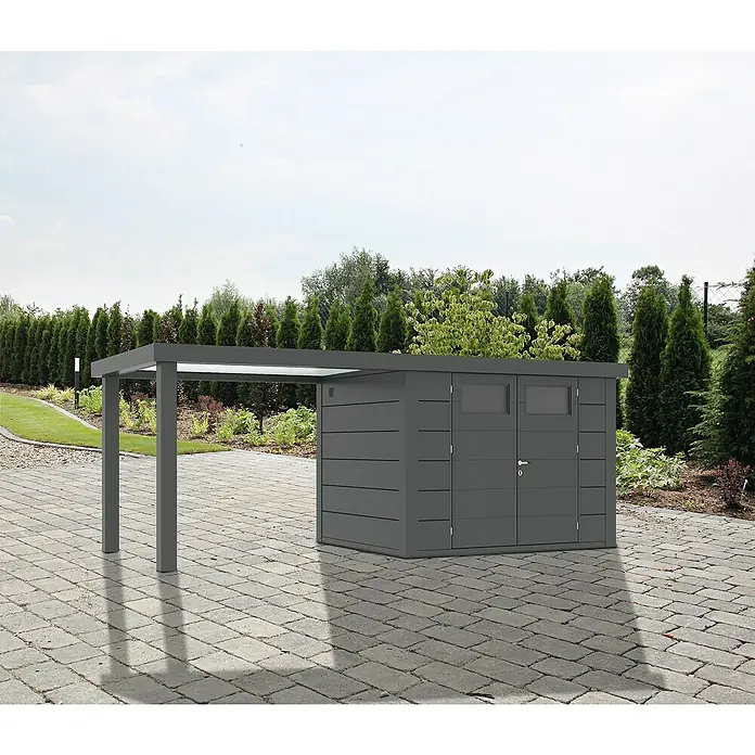 Wolff Finnhaus Gerätehaus Eleganto 2724 - Außenbreite inkl. Dachüberstand: 572 cm, Außentiefe inkl. Dachüberstand: 259 cm, Metall, Granit, Mit linksseitigem Seitendach - Stimmungsaufnahme