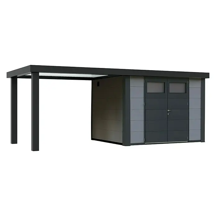 Wolff Finnhaus Gerätehaus Eleganto 3024 - 602 cm, 259 cm, Metall, Lichtgrau, Mit linksseitigem Seitendach - Diagonale Ansicht