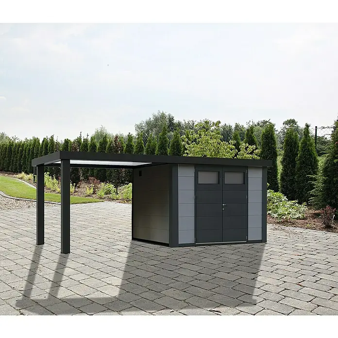 Wolff Finnhaus Gerätehaus Eleganto 3024 - 602 cm, 259 cm, Metall, Lichtgrau, Mit linksseitigem Seitendach - Stimmungsaufnahme