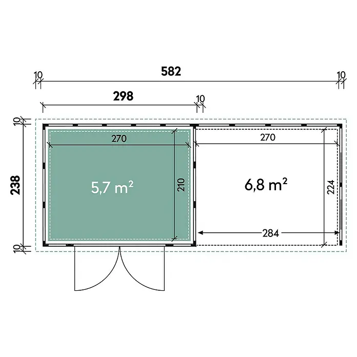 Wolff Finnhaus Gerätehaus Eleganto 3024 - Außenbreite inkl. Dachüberstand: 602 cm, Außentiefe inkl. Dachüberstand: 258 cm, Metall, Granit, Mit rechtsseitigem Anbau & 2 Fenstern - Skizze