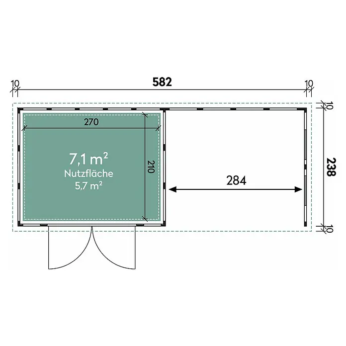 Wolff Finnhaus Gerätehaus Eleganto 3024 - Außenbreite inkl. Dachüberstand: 602 cm, Außentiefe inkl. Dachüberstand: 258 cm, Metall, Weiß, Mit rechtsseitigem Anbau & 2 Fenstern - Skizze
