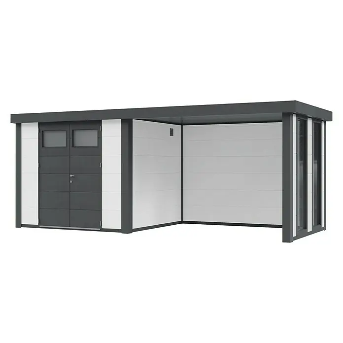 Wolff Finnhaus Gerätehaus Eleganto 3024 - Außenbreite inkl. Dachüberstand: 602 cm, Außentiefe inkl. Dachüberstand: 258 cm, Metall, Weiß, Mit rechtsseitigem Anbau & 2 Fenstern - Diagonale Ansicht