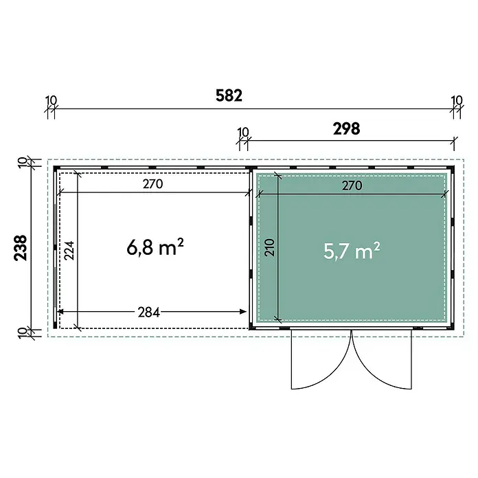 Wolff Finnhaus Gerätehaus Eleganto 3024 - Außenbreite inkl. Dachüberstand: 602 cm, Außentiefe inkl. Dachüberstand: 258 cm, Metall, Granit, Mit linksseitigem Anbau & 2 Fenstern - Skizze