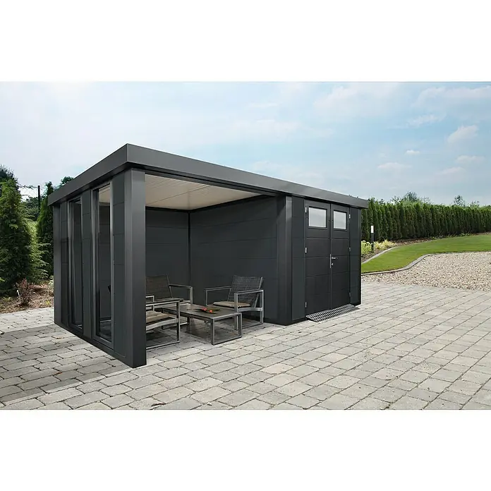 Wolff Finnhaus Gerätehaus Eleganto 3024 - Außenbreite inkl. Dachüberstand: 602 cm, Außentiefe inkl. Dachüberstand: 258 cm, Metall, Granit, Mit linksseitigem Anbau & 2 Fenstern - Stimmungsaufnahme