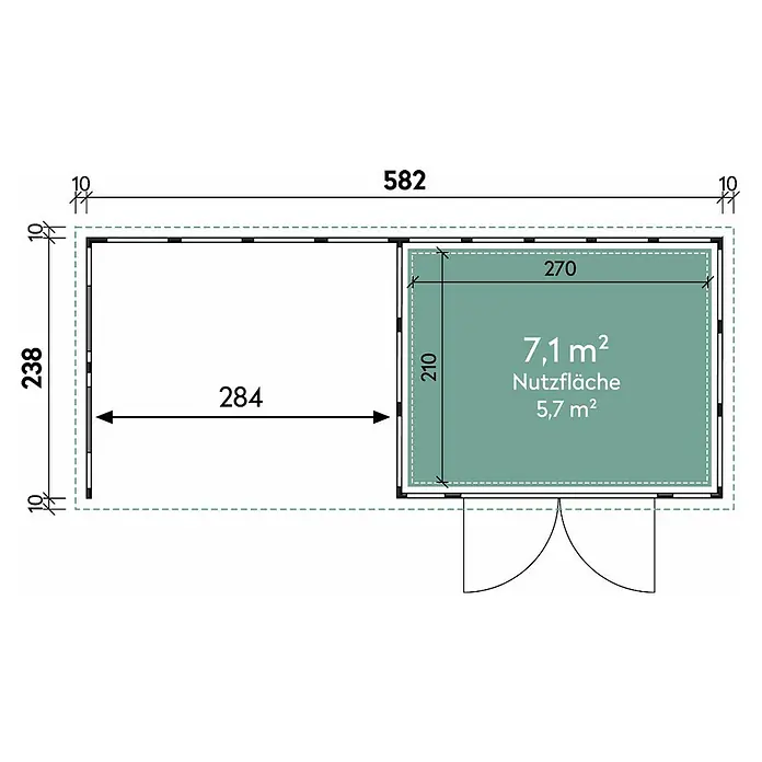 Wolff Finnhaus Gerätehaus Eleganto 3024 - Außenbreite inkl. Dachüberstand: 602 cm, Außentiefe inkl. Dachüberstand: 258 cm, Metall, Weiß, Mit linksseitigem Anbau & 2 Fenstern - Skizze