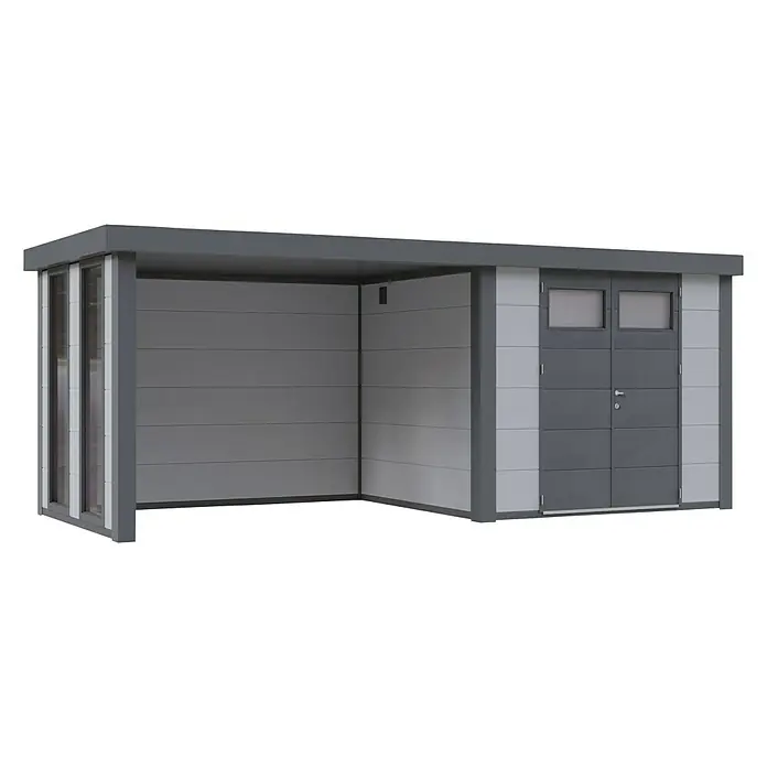 Wolff Finnhaus Gerätehaus Eleganto 3024 - Außenbreite inkl. Dachüberstand: 602 cm, Außentiefe inkl. Dachüberstand: 258 cm, Metall, Lichtgrau, Mit linksseitigem Anbau & 2 Fenstern - Diagonale Ansicht