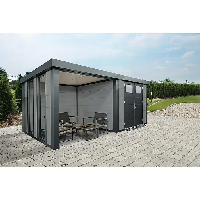 Wolff Finnhaus Gerätehaus Eleganto 3024 - Außenbreite inkl. Dachüberstand: 602 cm, Außentiefe inkl. Dachüberstand: 258 cm, Metall, Lichtgrau, Mit linksseitigem Anbau & 2 Fenstern - Stimmungsaufnahme