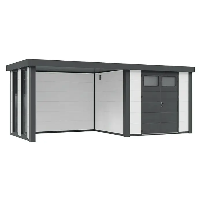 Wolff Finnhaus Gerätehaus Eleganto 3024 - Außenbreite inkl. Dachüberstand: 602 cm, Außentiefe inkl. Dachüberstand: 258 cm, Metall, Weiß, Mit linksseitigem Anbau & 2 Fenstern - Diagonale Ansicht