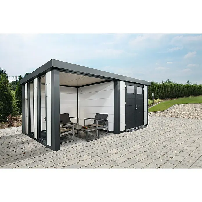 Wolff Finnhaus Gerätehaus Eleganto 3024 - Außenbreite inkl. Dachüberstand: 602 cm, Außentiefe inkl. Dachüberstand: 258 cm, Metall, Weiß, Mit linksseitigem Anbau & 2 Fenstern - Stimmungsaufnahme