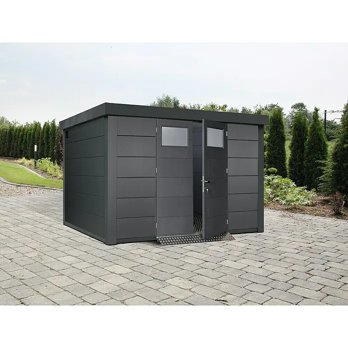 Wolff Finnhaus Gerätehaus Eleganto 3330 - Außenbreite inkl. Dachüberstand: 348 cm, Außentiefe inkl. Dachüberstand: 318 cm, Metall, Granit, Anthrazit - Stimmungsaufnahme