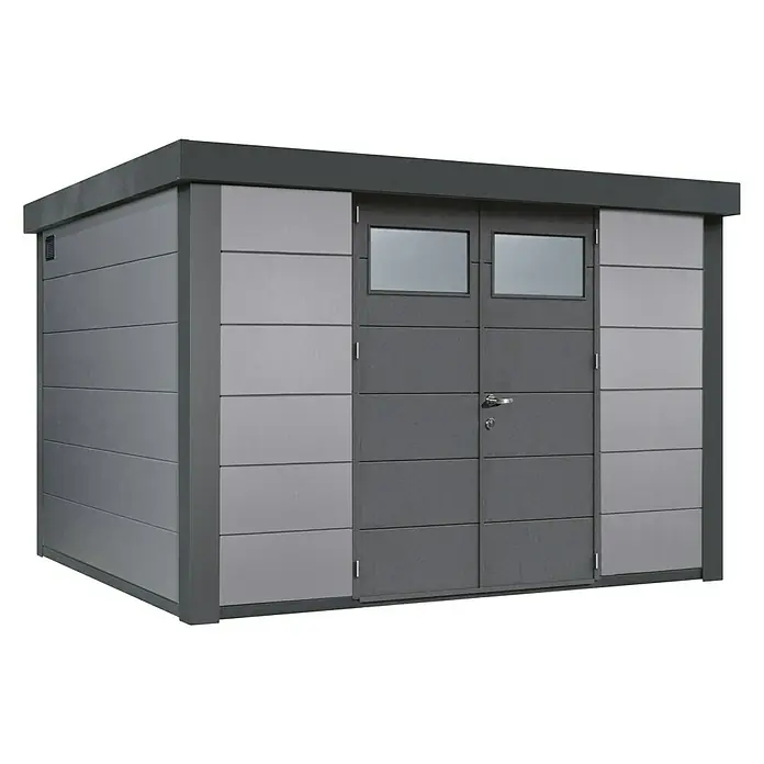 Wolff Finnhaus Gerätehaus Eleganto 3330 - Außenbreite inkl. Dachüberstand: 348 cm, Außentiefe inkl. Dachüberstand: 318 cm, Metall, Lichtgrau, Anthrazit - Diagonale Ansicht