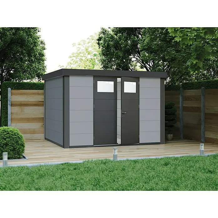 Wolff Finnhaus Gerätehaus Eleganto 3330 - Außenbreite inkl. Dachüberstand: 348 cm, Außentiefe inkl. Dachüberstand: 318 cm, Metall, Lichtgrau, Anthrazit - Stimmungsaufnahme