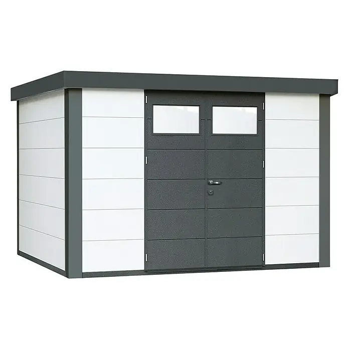 Wolff Finnhaus Gerätehaus Eleganto 3330 - Außenbreite inkl. Dachüberstand: 348 cm, Außentiefe inkl. Dachüberstand: 318 cm, Metall, Weiß, Anthrazit - Diagonale Ansicht