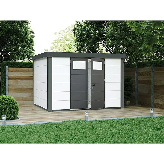 Wolff Finnhaus Gerätehaus Eleganto 3330 - Außenbreite inkl. Dachüberstand: 348 cm, Außentiefe inkl. Dachüberstand: 318 cm, Metall, Weiß, Anthrazit - Stimmungsaufnahme