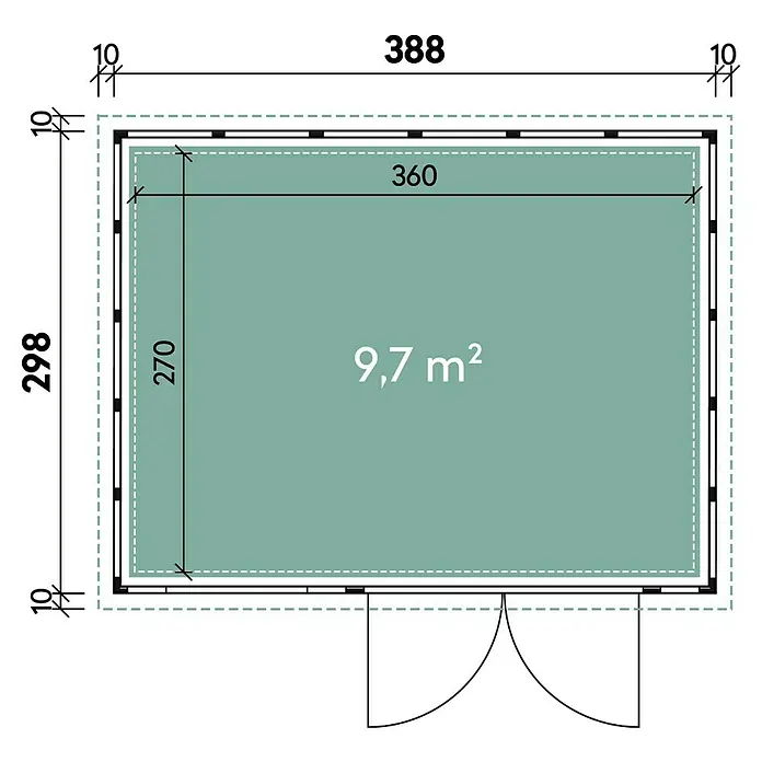 Wolff Finnhaus Gerätehaus Eleganto 3930 - Außenbreite inkl. Dachüberstand: 408 cm, Außentiefe inkl. Dachüberstand: 318 cm, Metall, Granit - Skizze