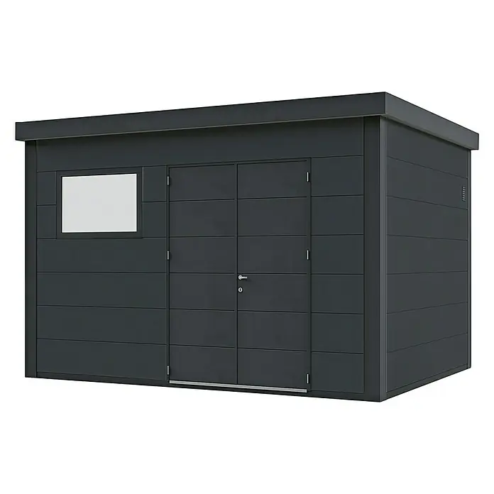 Wolff Finnhaus Gerätehaus Eleganto 3930 - Außenbreite inkl. Dachüberstand: 408 cm, Außentiefe inkl. Dachüberstand: 318 cm, Metall, Granit - Diagonale Ansicht