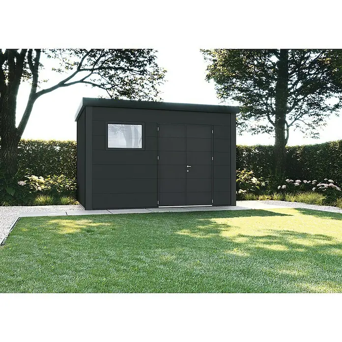 Wolff Finnhaus Gerätehaus Eleganto 3930 - Außenbreite inkl. Dachüberstand: 408 cm, Außentiefe inkl. Dachüberstand: 318 cm, Metall, Granit - Stimmungsaufnahme