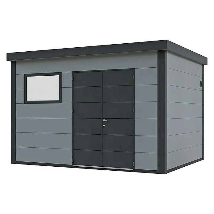 Wolff Finnhaus Gerätehaus Eleganto 3930 - Außenbreite inkl. Dachüberstand: 408 cm, Außentiefe inkl. Dachüberstand: 318 cm, Metall, Lichtgrau - Diagonale Ansicht