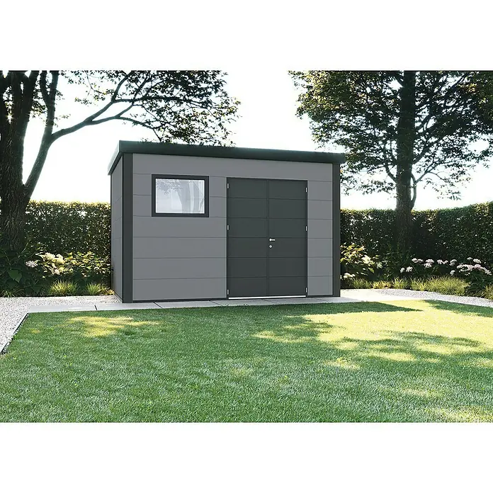 Wolff Finnhaus Gerätehaus Eleganto 3930 - Außenbreite inkl. Dachüberstand: 408 cm, Außentiefe inkl. Dachüberstand: 318 cm, Metall, Lichtgrau - Stimmungsaufnahme