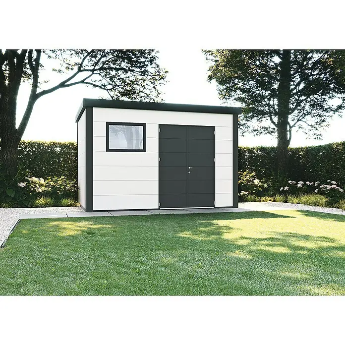 Wolff Finnhaus Gerätehaus Eleganto 3930 - Außenbreite inkl. Dachüberstand: 408 cm, Außentiefe inkl. Dachüberstand: 318 cm, Metall, Weiß - Stimmungsaufnahme