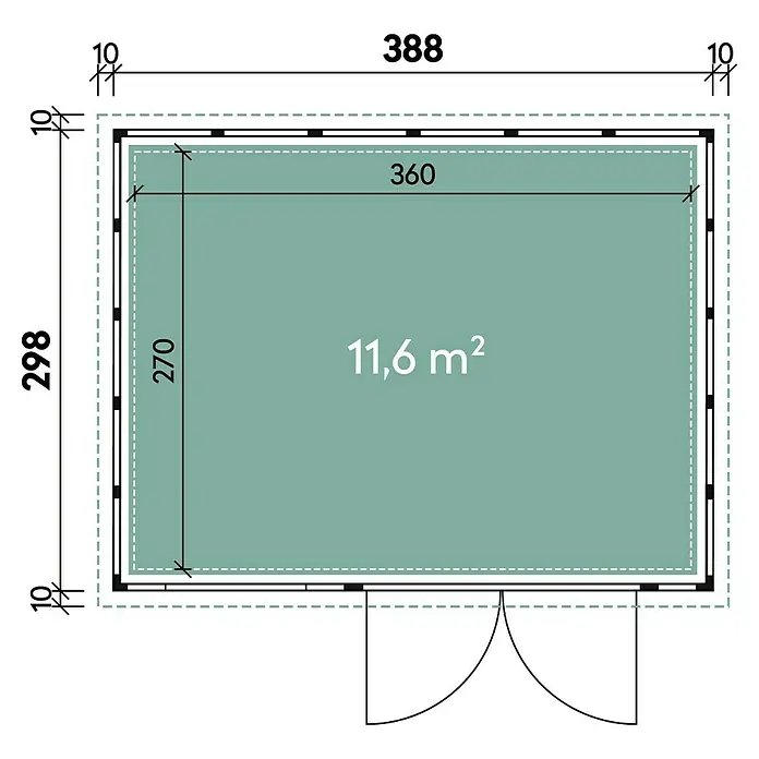 Wolff Finnhaus Gerätehaus Eleganto 3930 - Außenbreite inkl. Dachüberstand: 408 cm, Außentiefe inkl. Dachüberstand: 318 cm, Metall, Lichtgrau - Skizze