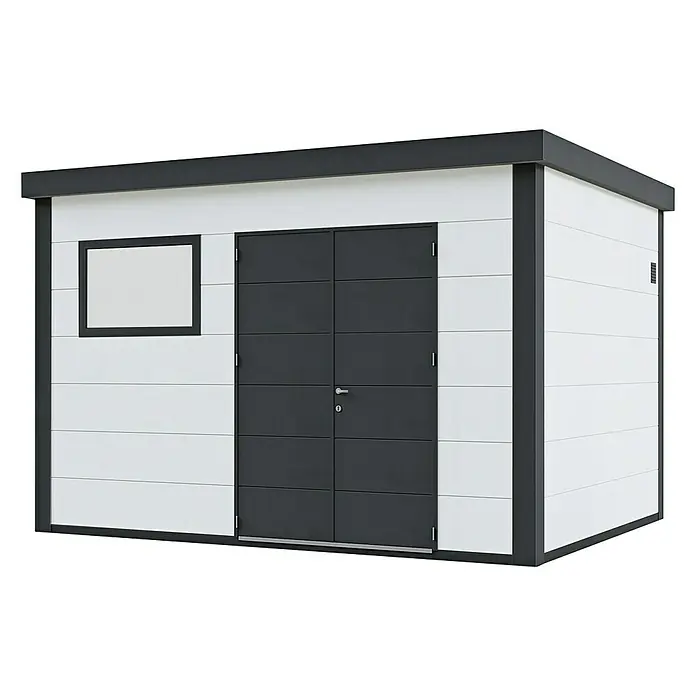 Wolff Finnhaus Gerätehaus Eleganto 3930 - Außenbreite inkl. Dachüberstand: 408 cm, Außentiefe inkl. Dachüberstand: 318 cm, Metall, Weiß - Diagonale Ansicht