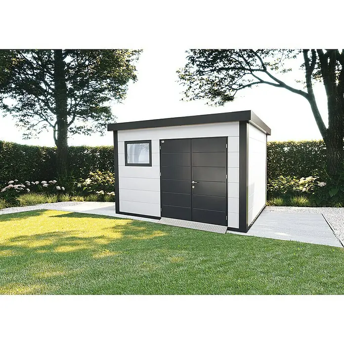Wolff Finnhaus Gerätehaus Eleganto 3930 - Außenbreite inkl. Dachüberstand: 408 cm, Außentiefe inkl. Dachüberstand: 318 cm, Metall, Weiß - Stimmungsaufnahme