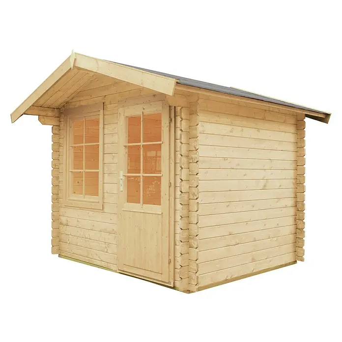 Wolff Finnhaus Blockbohlenhaus Caroline - 2,7 x 2,9 m, Wandstärke: 28 mm, Satteldach, Natur - Diagonale Ansicht