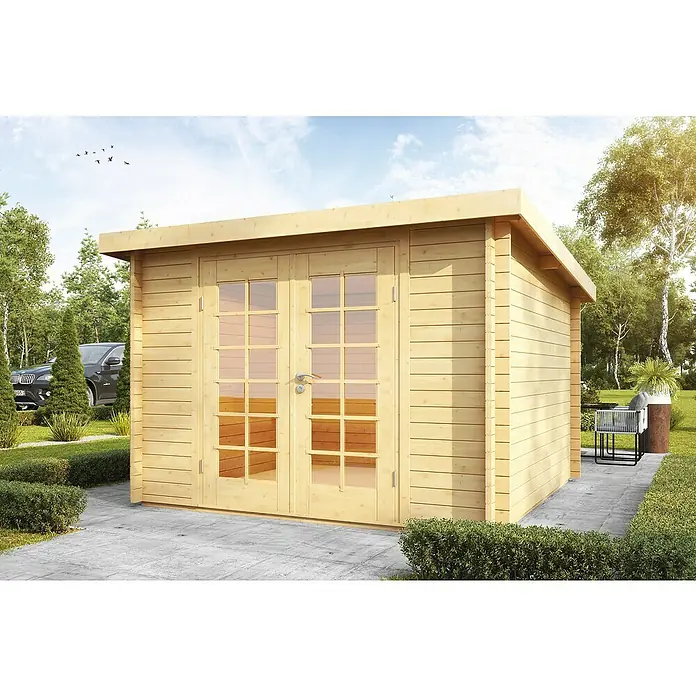 Wolff Finnhaus Gartenhaus Pulti 34-B - Wandstärke: 34 mm, Natur, Vollglastür - Stimmungsaufnahme