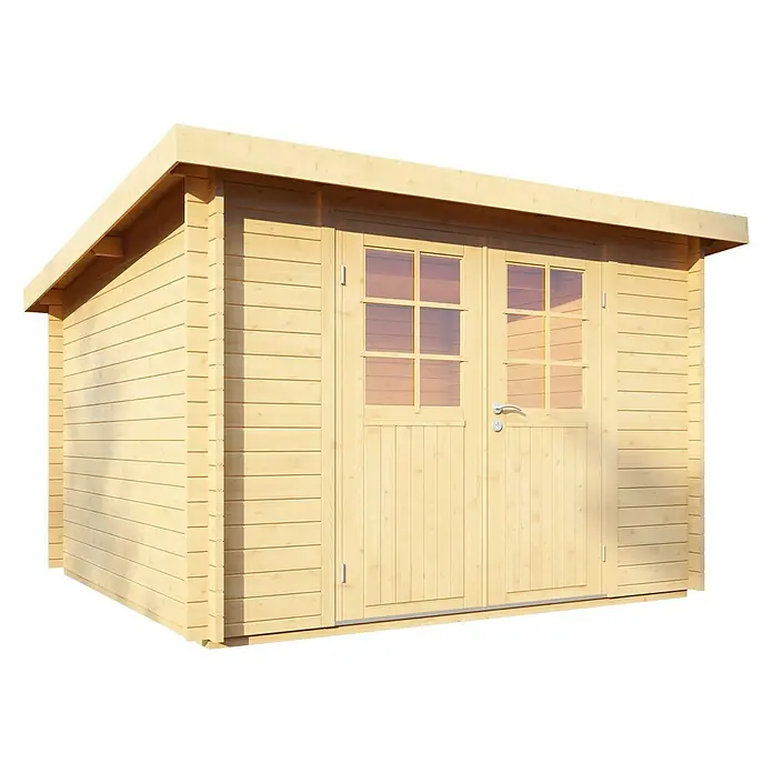 Wolff Finnhaus Gartenhaus Pulti 34-C - Wandstärke: 34 mm, Natur, Halbglastür - Diagonale Ansicht