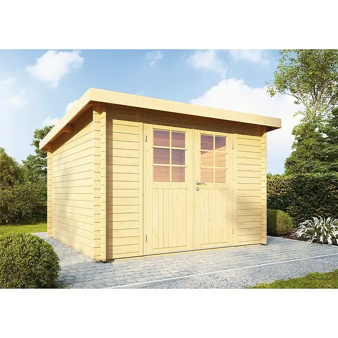 Wolff Finnhaus Gartenhaus Pulti 34-C - Wandstärke: 34 mm, Natur, Halbglastür - Stimmungsaufnahme