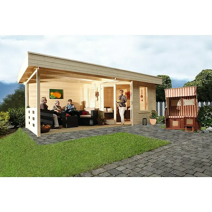 Wolff Finnhaus Blockbohlenhaus Nina 28-B - 3,4 x 6,4 m, Wandstärke: 28 mm, Natur, Mit Terrasse - Stimmungsaufnahme