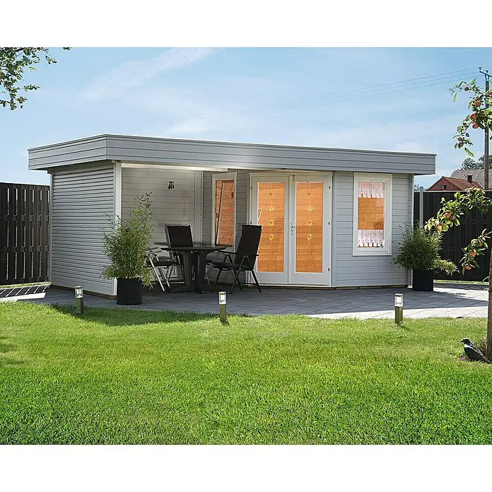 Wolff Finnhaus Blockbohlenhaus Nina 28-B - 3,4 x 6,4 m, Wandstärke: 28 mm, Natur, Mit Terrasse - Stimmungsaufnahme
