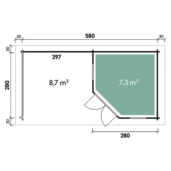 Wolff Finnhaus Blockbohlenhaus Nina 28-B - 3,4 x 6,4 m, Wandstärke: 28 mm, Natur, Mit Terrasse - Skizze