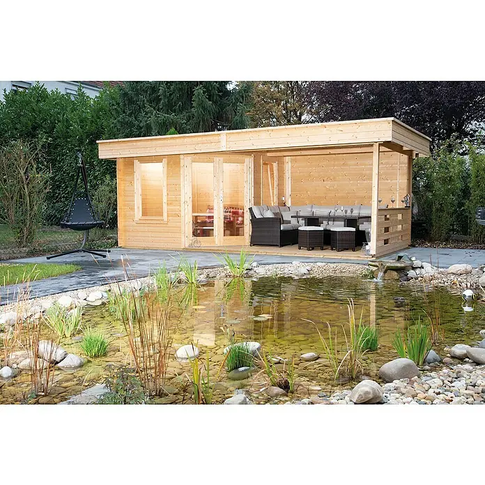 Wolff Finnhaus Blockbohlenhaus Nina 28-B - 3,4 x 6,4 m, Wandstärke: 28 mm, Natur, Mit Terrasse - Stimmungsaufnahme