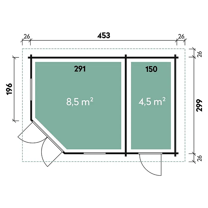 Wolff Finnhaus Blockbohlenhaus Anna 40-A/2 - 3,49 x 5,03 m, Wandstärke: 40 mm, Walmdach, Natur - Skizze