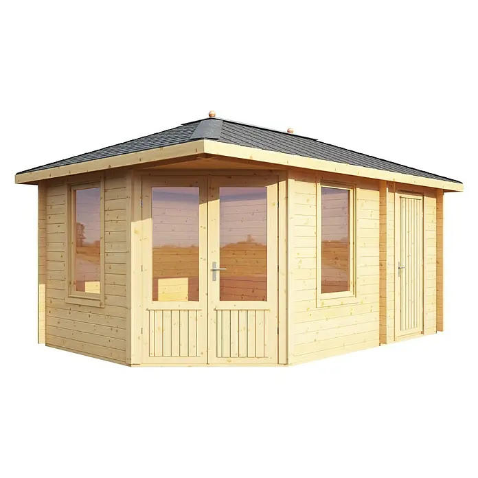 Wolff Finnhaus Blockbohlenhaus Anna 40-A/2 - 3,49 x 5,03 m, Wandstärke: 40 mm, Walmdach, Schwarz - Diagonale Ansicht