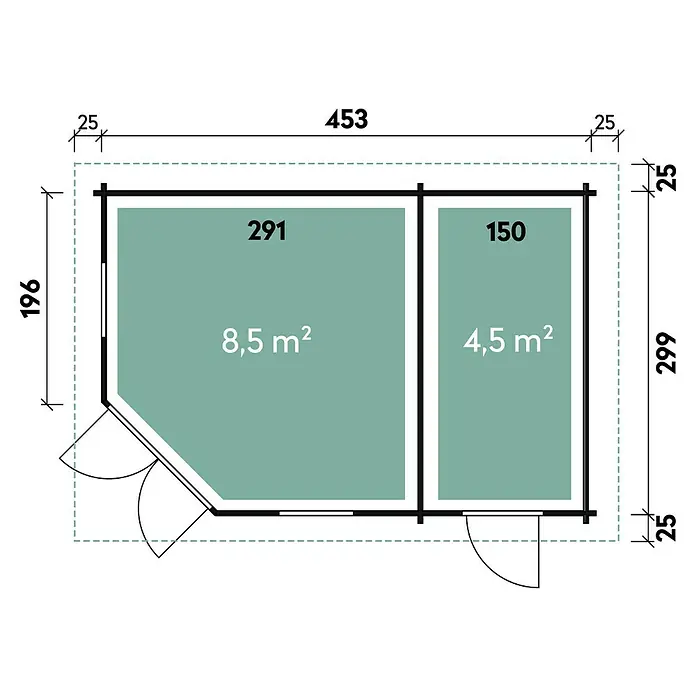 Wolff Finnhaus Blockbohlenhaus Anna 40-A/2 - 3,49 x 5,03 m, Wandstärke: 40 mm, Walmdach, Rot - Skizze