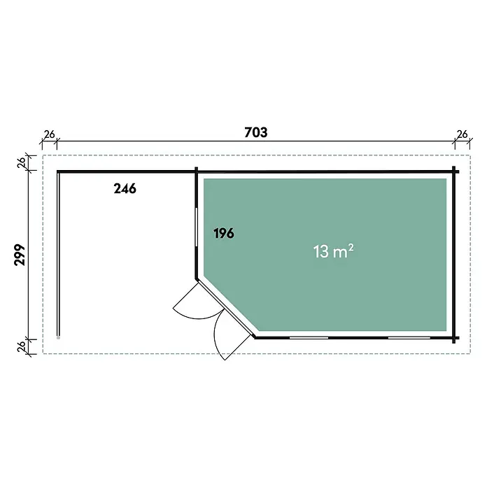Wolff Finnhaus Gartenhaus Anna 40-A/1 - B x T: 753 x 349 cm, Holz, 21 m², Wandstärke: 40 mm, Mit rechtsseitiger Terrasse - Skizze