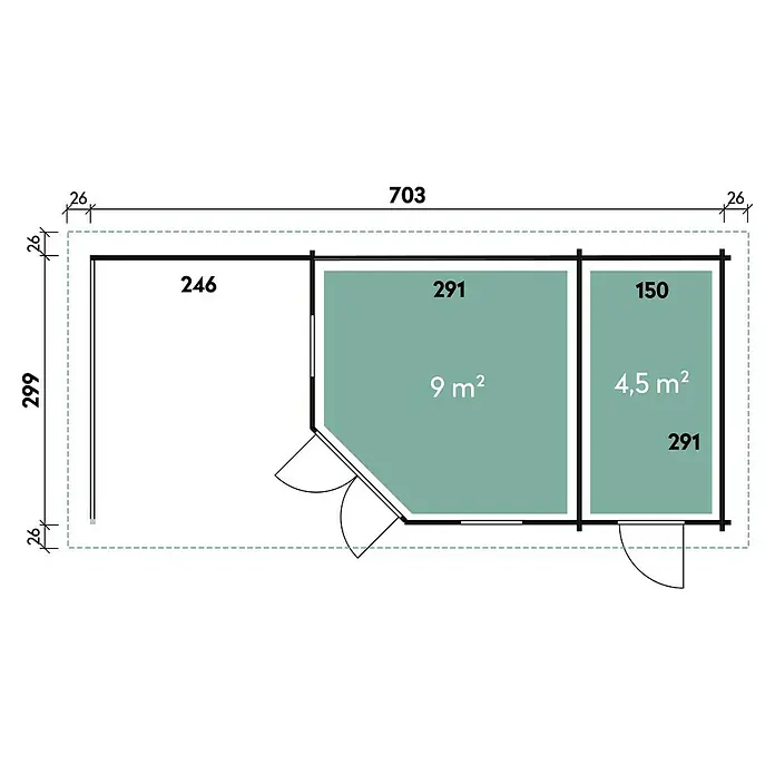 Wolff Finnhaus Gartenhaus Anna 40-A/2 - B x T: 753 x 349 cm, Holz, 21 m², Wandstärke: 40 mm, Mit linksseitiger Terrasse - Skizze